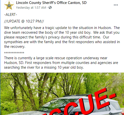 The Lincoln County Sheriff's Office Canton updates on the rescue mission for Ricky Lee Sneve on June 13, 2021 | Photo: Facebook/@lincosheriffsd