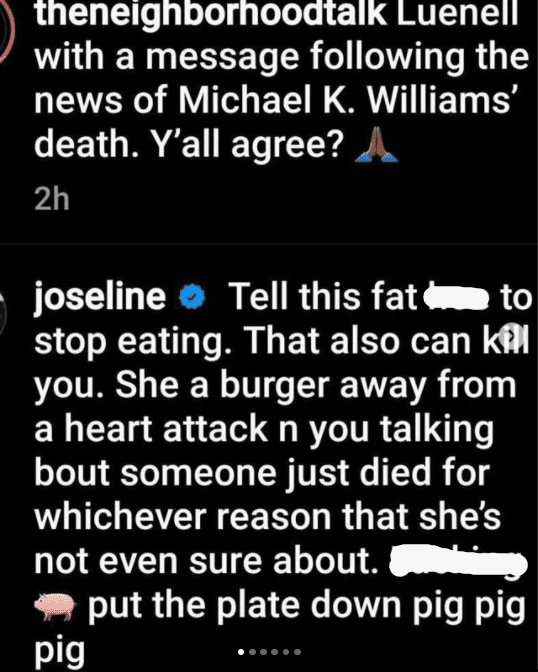 Joseline Hernandez's comment on Luenell message following the death of Matthew K. Williams | Photo: Instagram/luenell