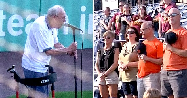 An elderly veteran holds the mic as he delivers the national anthem and moves the spectators with his heartfelt rendition  | Photo: Facebook/wmwcaps