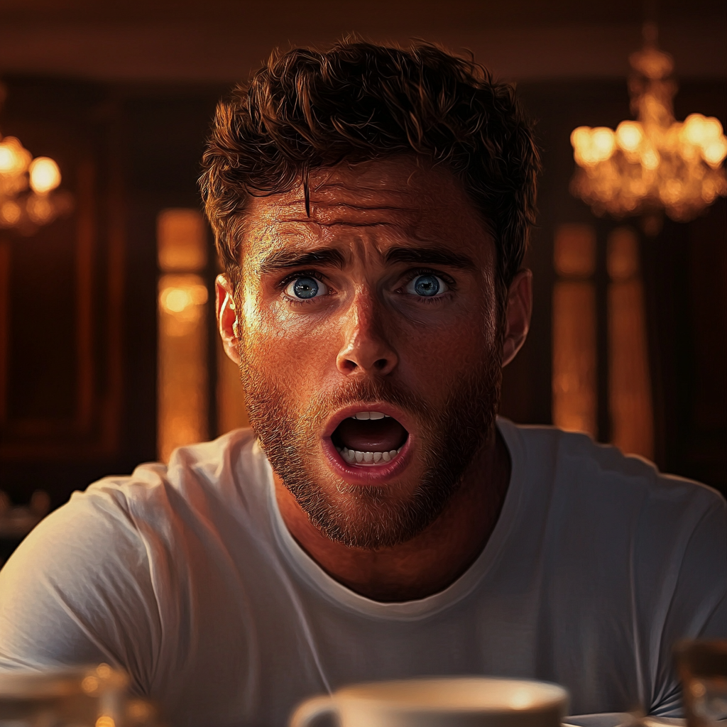 A shocked man sitting in a restaurant | Source: Midjourney