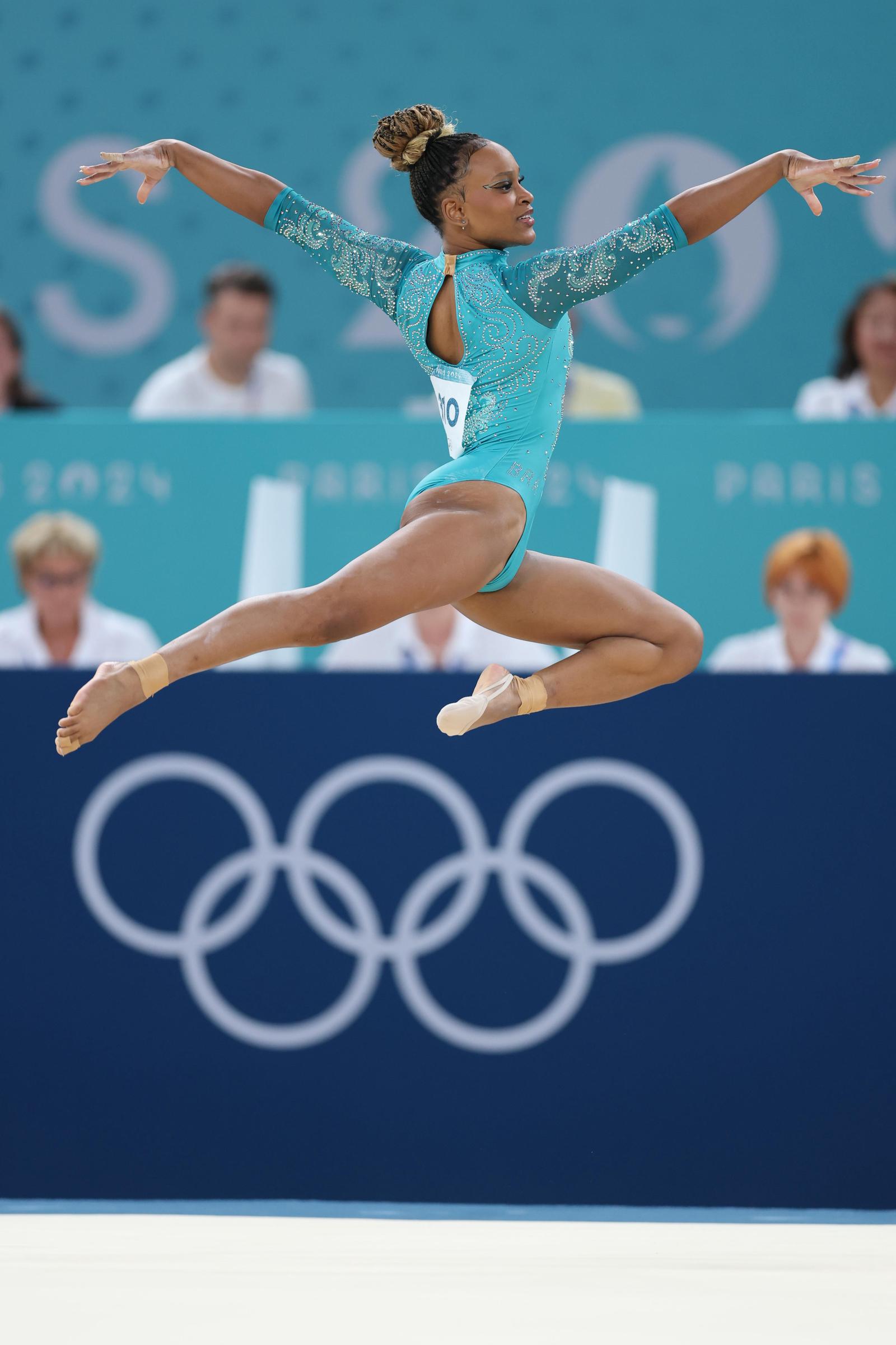 Rebeca Andrade of Team Brazil competes in the Artistic Gymnastics - Women's Floor Exercise Final on day ten of the Olympic Games Paris 2024 at Bercy Arena on August 5, 2024 in Paris, France | Source: Getty Images