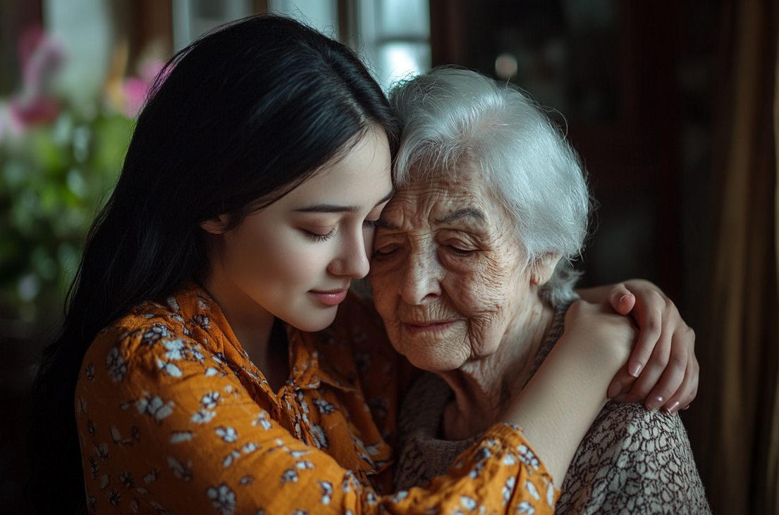 A woman hugging her grandmother | Source: Midjourney