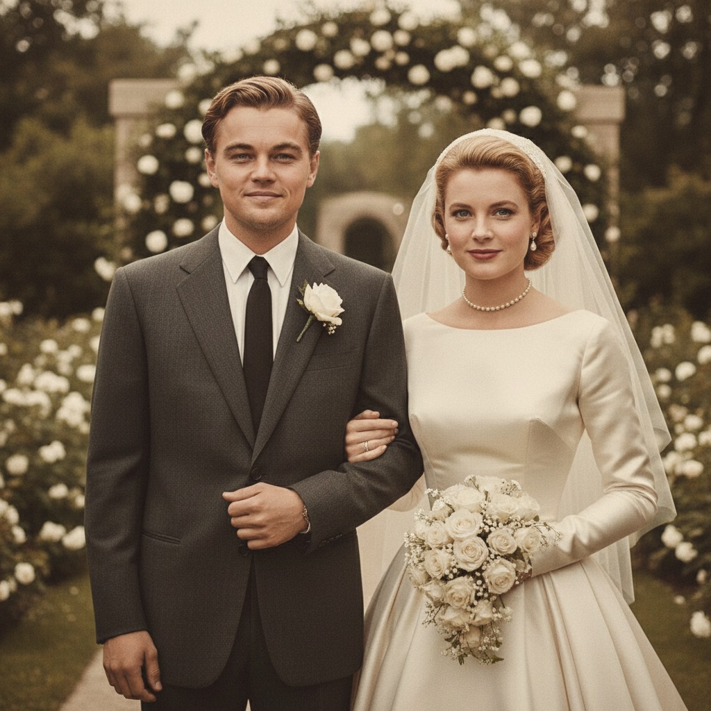 Grace Kelly and Leonardo DiCaprio in their imaginary wedding fit for a palace ballroom — timeless, elegant, and golden | Source: Grok AI