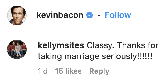 A Kevin Bacon fan responding on his February 14, 2023, Instagram post dedicated to his wife, Kyra Sedgwick | Source: Instagram/kevinbacon