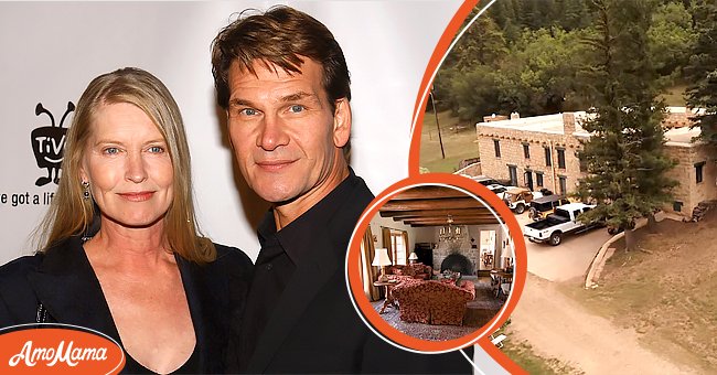 Patrick Swayze and his partner, Lisa Niemi at a red carpet event [left], A screenshot from the tour of Patrick Swayze and Lisa Niemi's ranch [middle], Another screenshot showing an aerial view of their ranch [right] | Photo: Getty Images   youtube.com/Chas. S. Middleton & Son