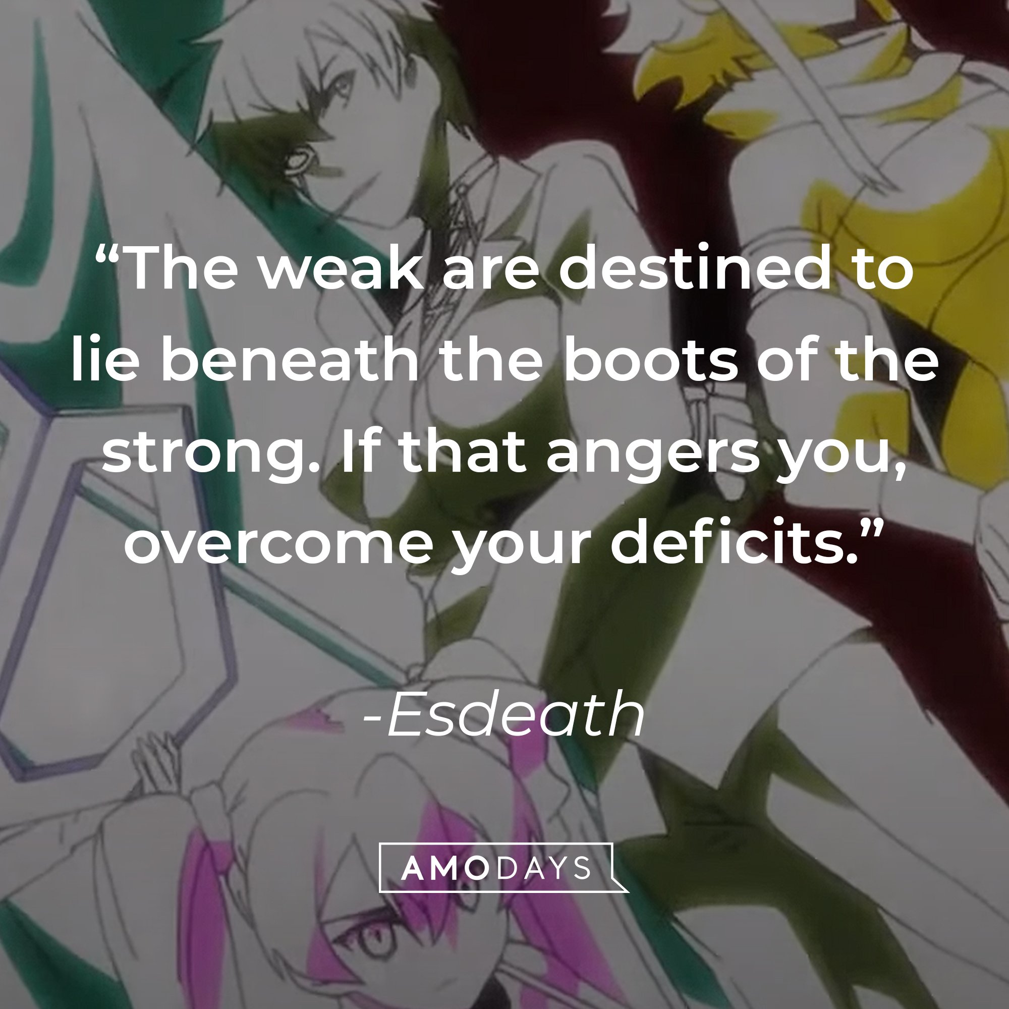 Esdeath’s quote: “The weak are destined to lie beneath the boots of the strong. If that angers you, overcome your deficits.” | Image: AmoDays