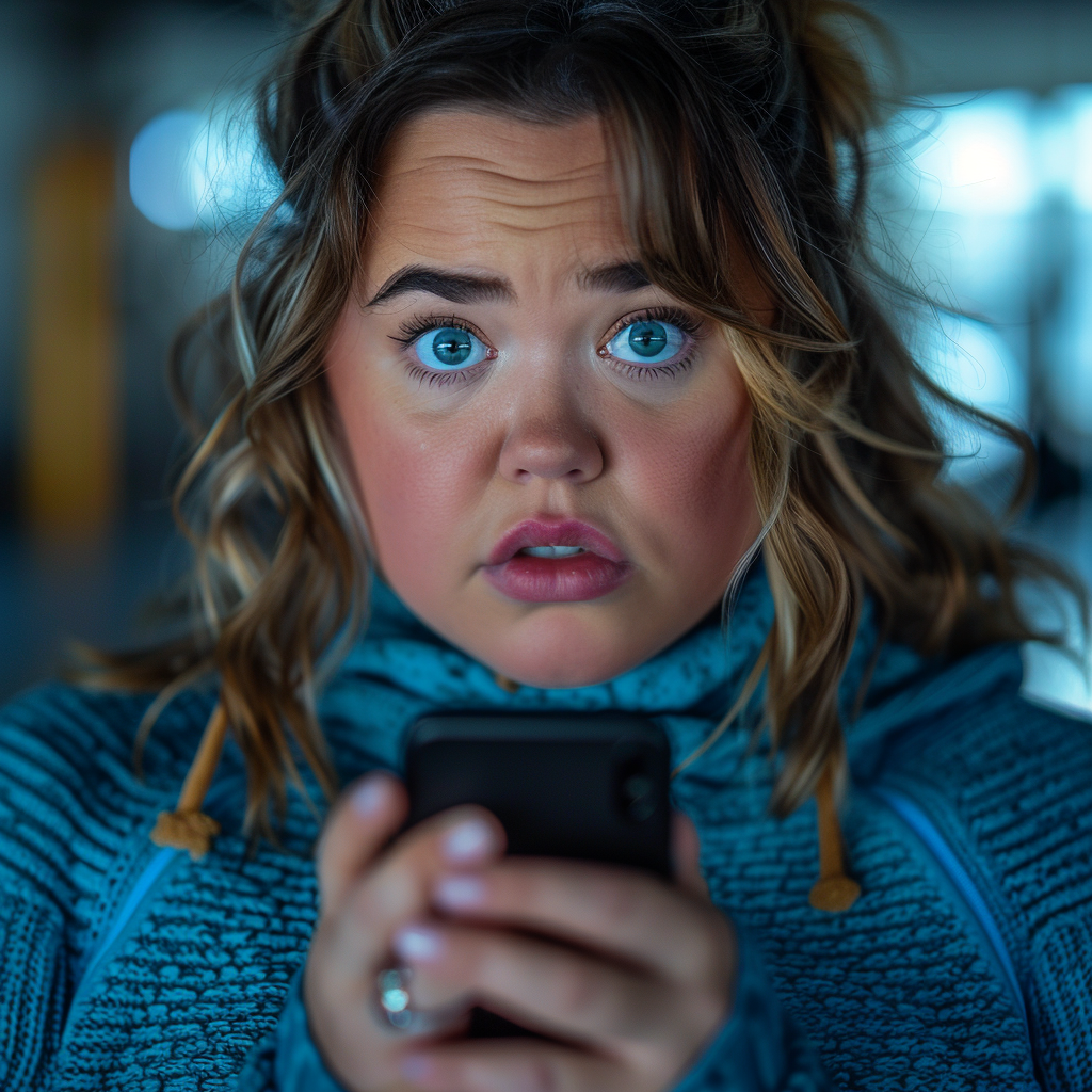 Stunned woman holding a smartphone | Source: Midjourney