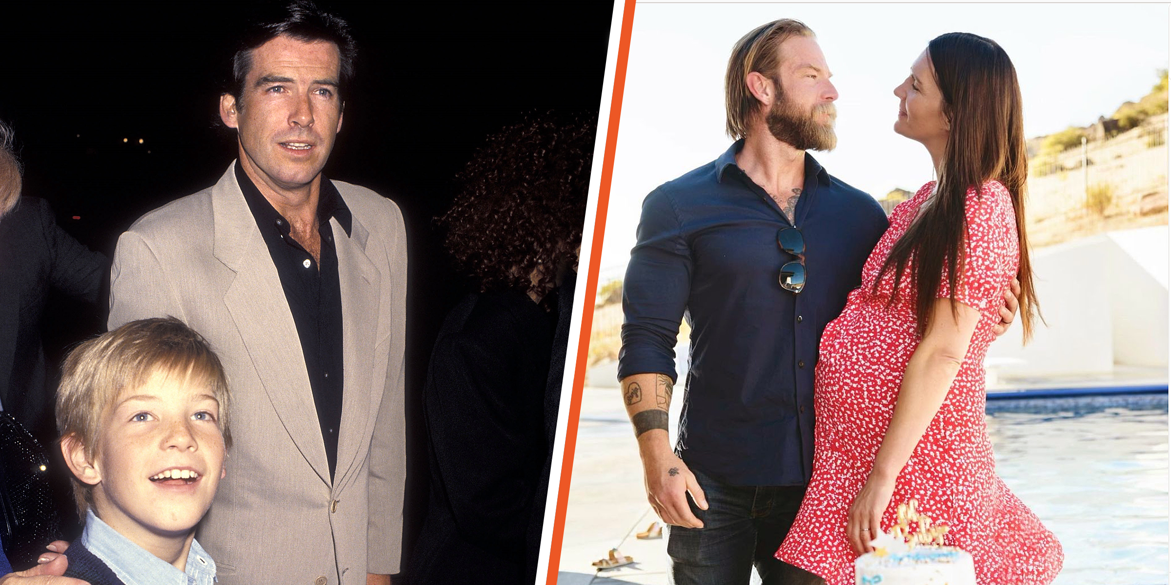 Sean, and Pierce Brosnan | Sean Brosnan and Sanja Banic | Sources: Getty Images | Instagram.com/@thecounsouler