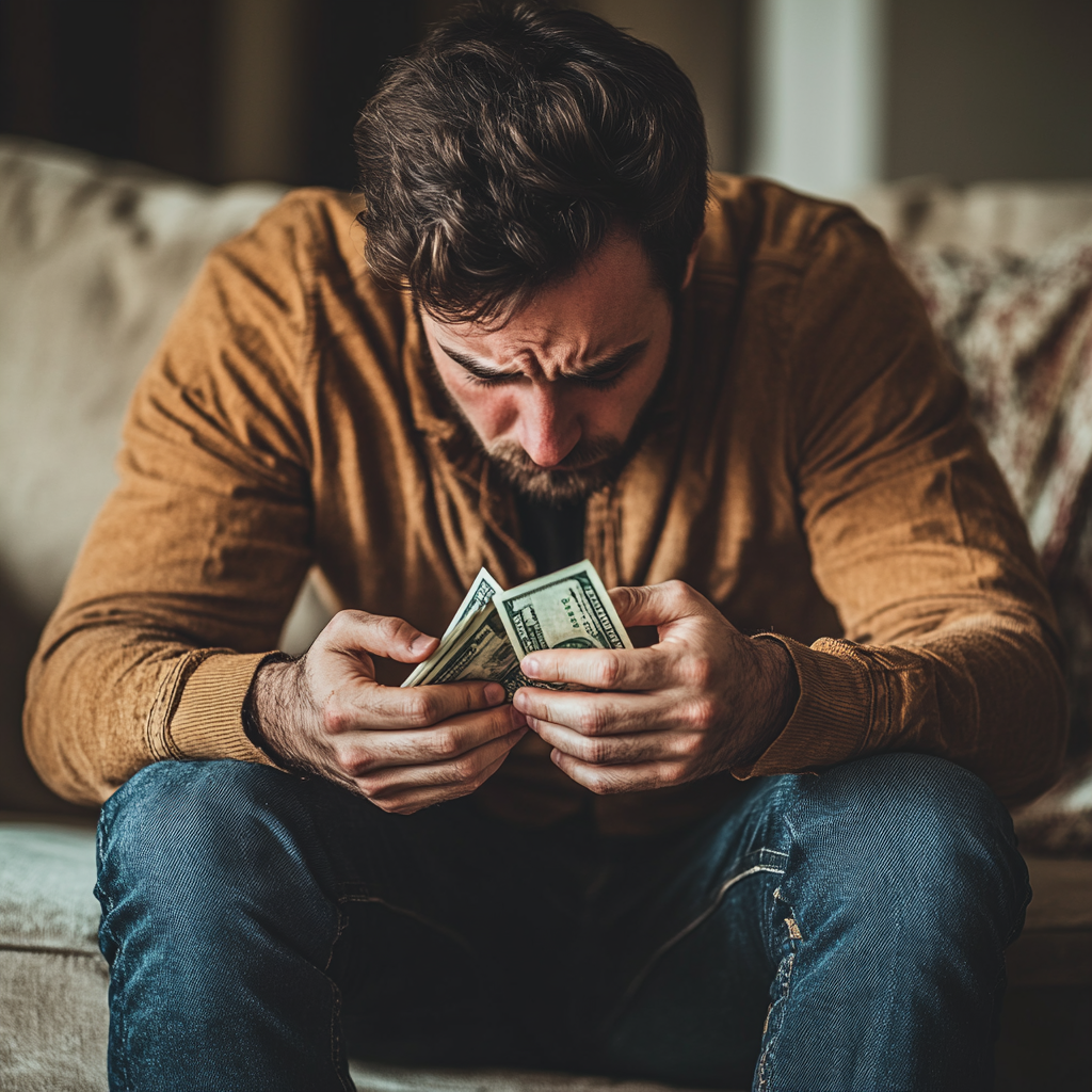 A heartbroken man looking at money in his hands | Source: Midjourney