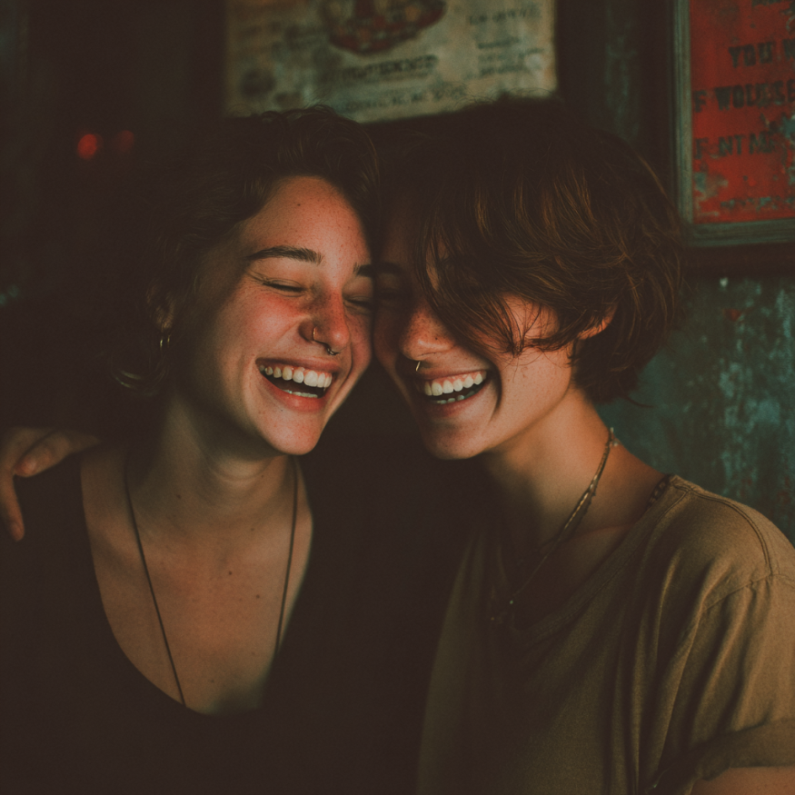 Two women laughing together | Source: Midjourney
