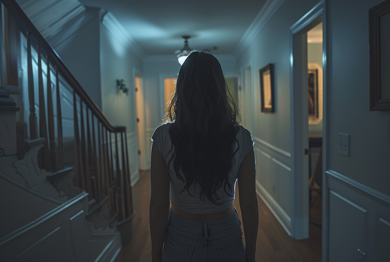 A woman standing in a hallway | Source: Midjourney