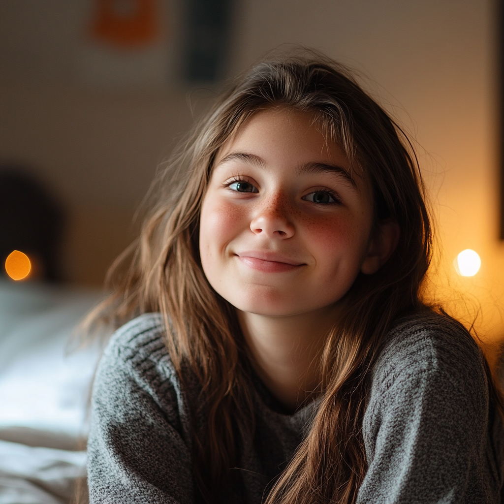 A smiling young girl sitting in her room | Source: Midjourney