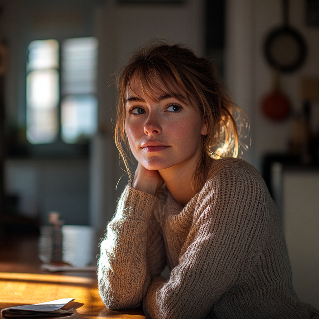 A thoughtful woman sitting at the kitchen table | Source: Midjourney