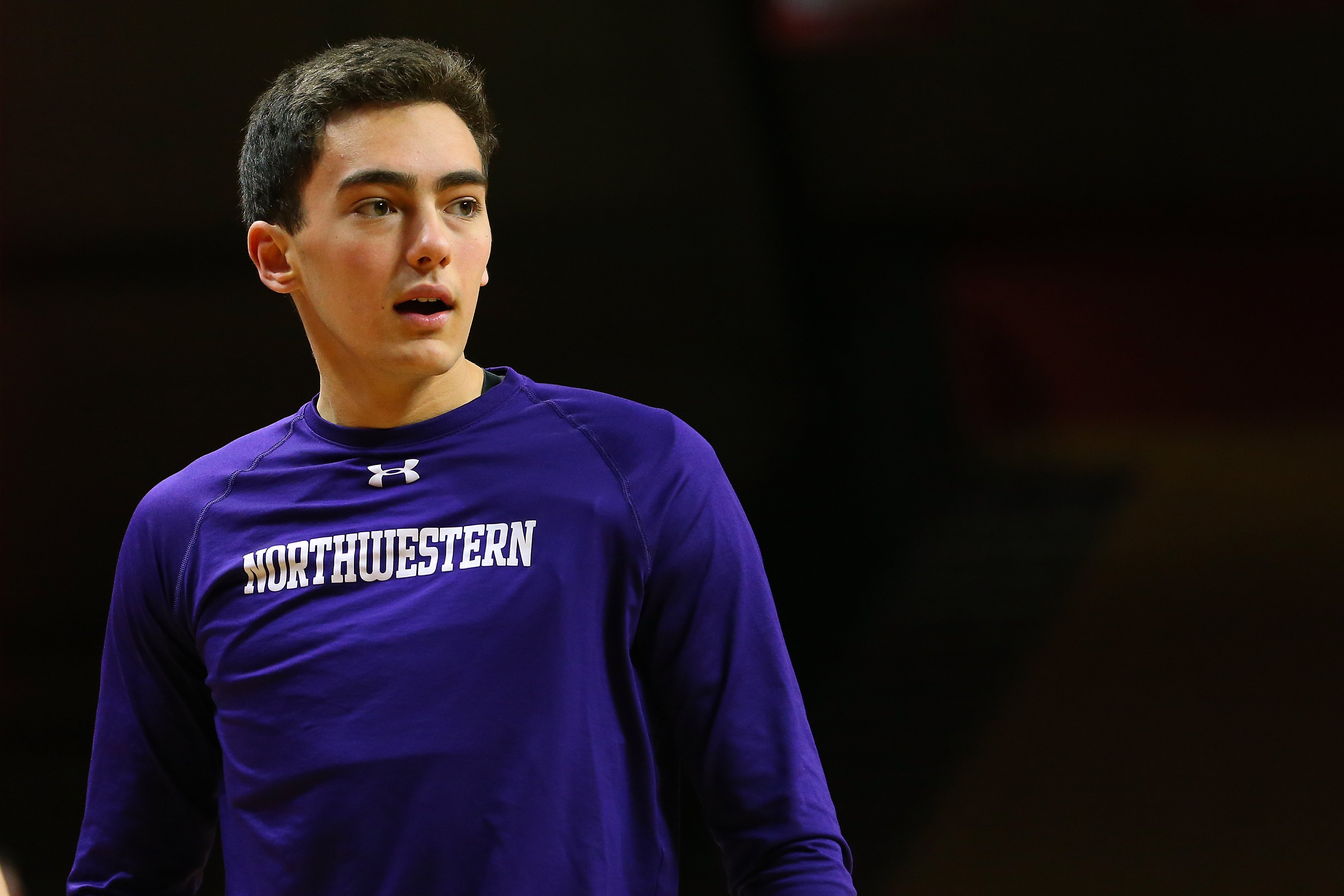 Charlie Hall #34 of the Northwestern Wildcats warms up before a game against the Rutgers Scarlet Knights at Rutgers Athletic Center on January 18, 2019, in Piscataway, New Jersey. | Source: Getty Images.