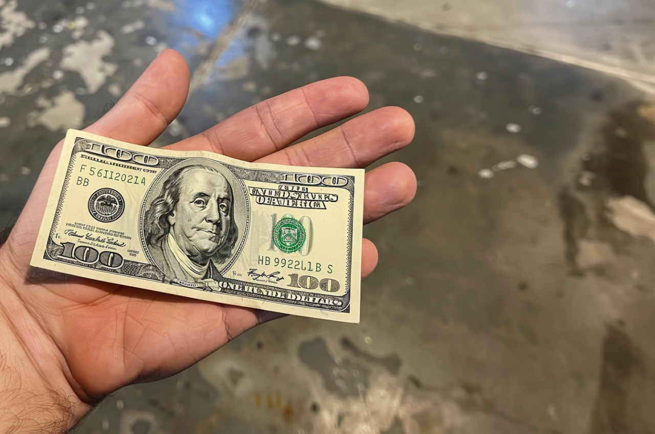 A man holding a crisp hundred dollar bill | Source: MidJourney