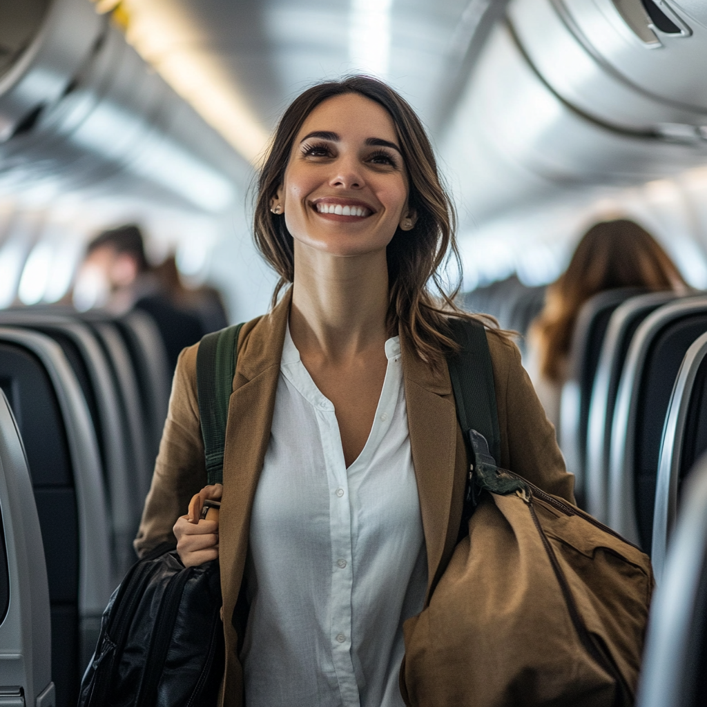 The woman walks down the aisle of the plane with a satisfied smile. | Source: Midjourney