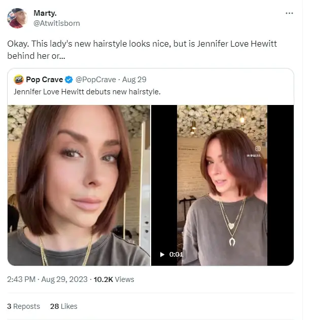 A screenshot of a fan's twitter comment humorously voicing how their surprise at how different Jennifer Love Hewitt looks in the pictures. | Source: twitter.com/PopCrave