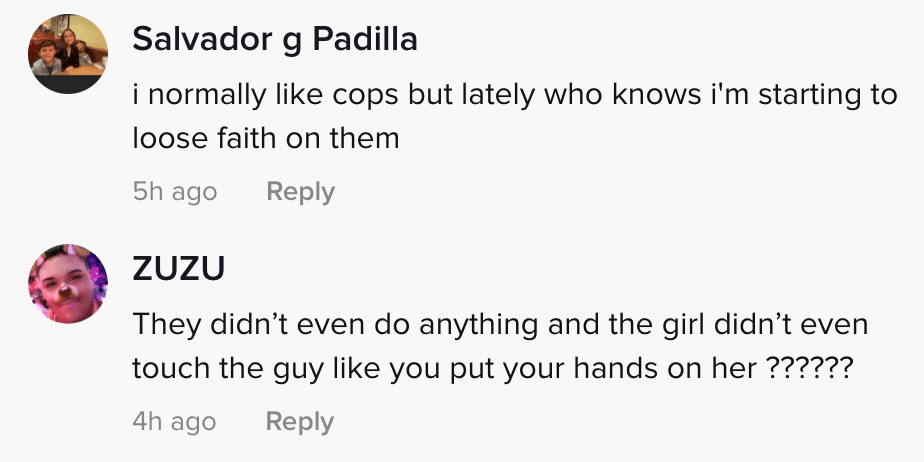 Comment section of viral TikTok video where viewers share their opinions on woman's claims that police unfairly arrested her friends | Photo: TikTok/dj.merr