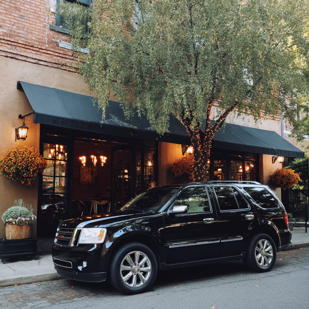 A car parked in front of a bistro | Source: Midjourney