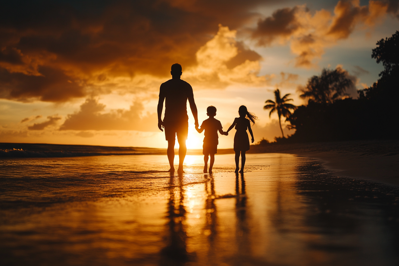 Silhouette of a man with two little kids at the beach | Source: Midjourney