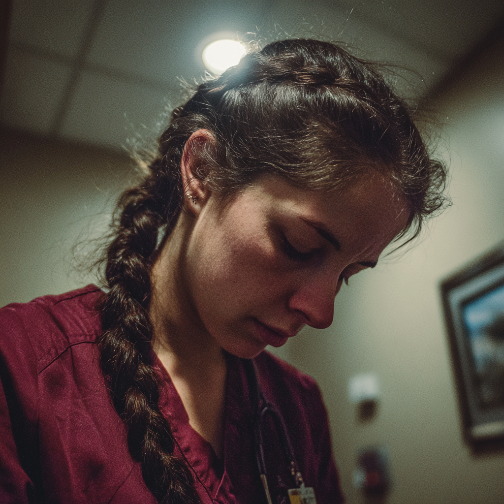 A upset and emotional nurse in a hospital ward | Source: Midjourney