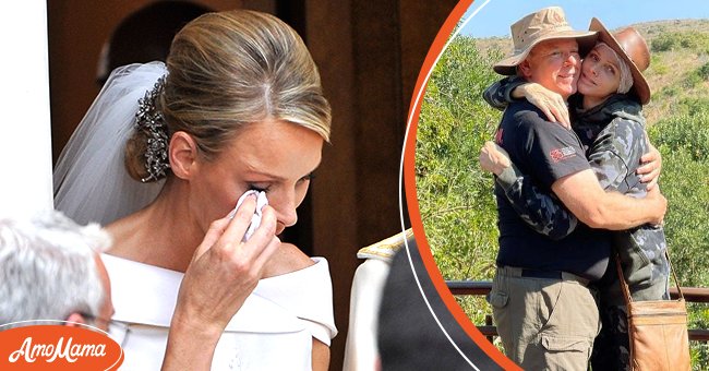 (L) Princess Charlene of Monaco wiping away a tear as she and Prince Albert II of Monaco depart Sainte Devote church after their religious wedding ceremony at the Prince's Palace of Monaco on July 2, 2011 in Monaco. (R) Prince Albert and Princess Charlene in an embrace / Source: Getty Images and Twitter/@tanndde