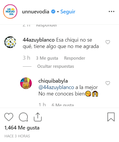 Comentario de un usuario y la respuesta de La Chiquibaby. | Imagen: Instagram/unnuevodia Comentario de un usuario y la respuesta de La Chiquibaby. | Imagen: Instagram/unnuevodia