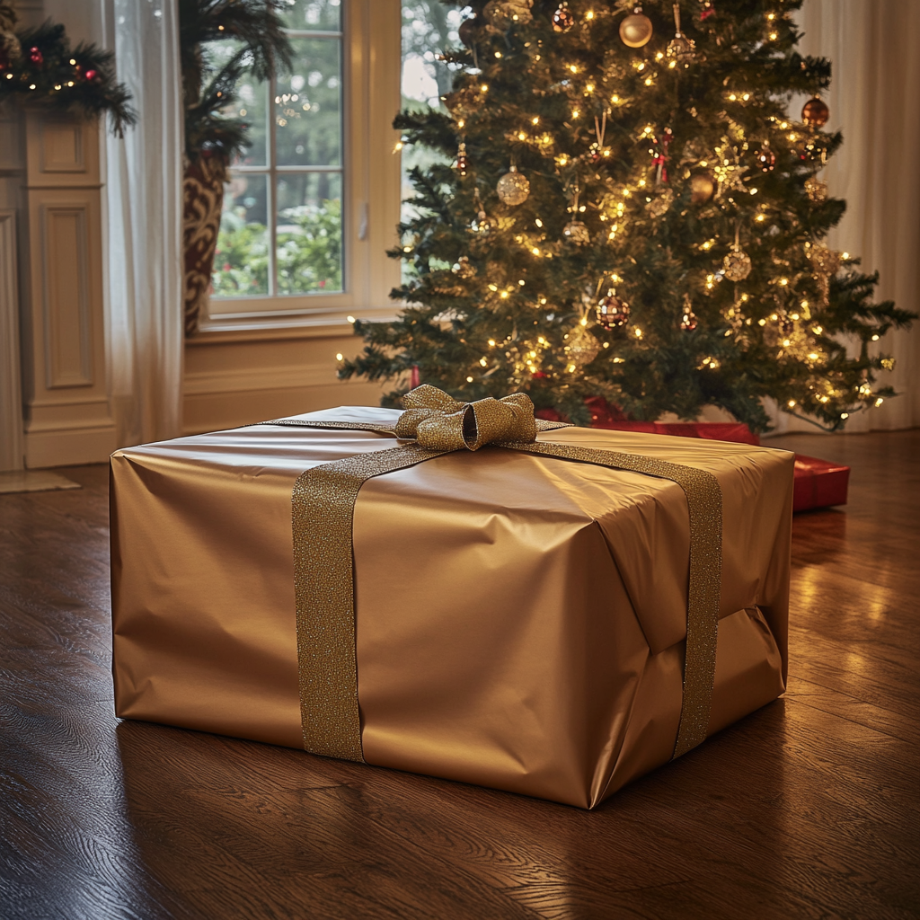 A huge gift box against the backdrop of a Christmas tree | Source: Midjourney