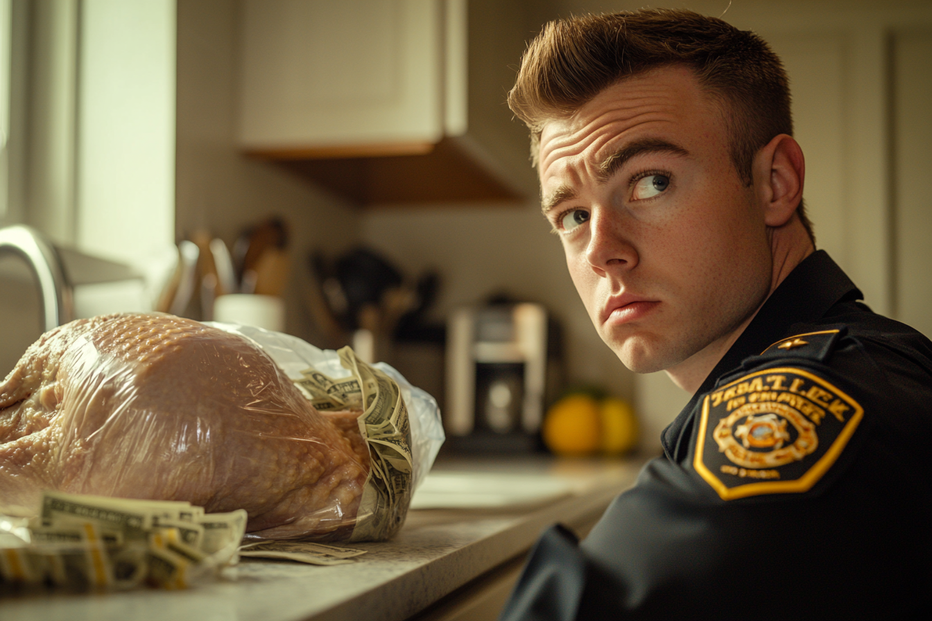 A young cop looking at a raw turkey and money on a kitchen counter | Source: Midjourney