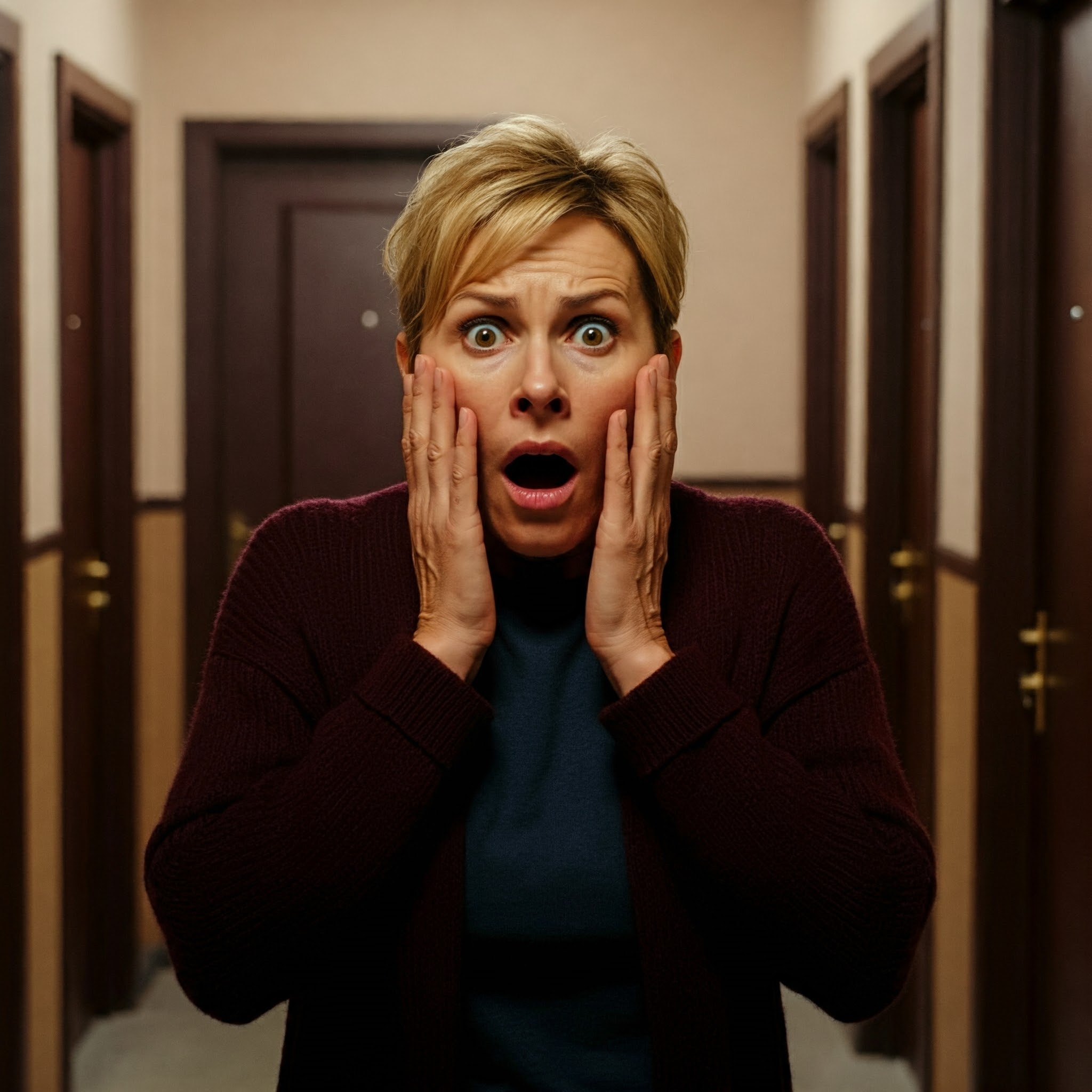 A woman shocked in a hallway