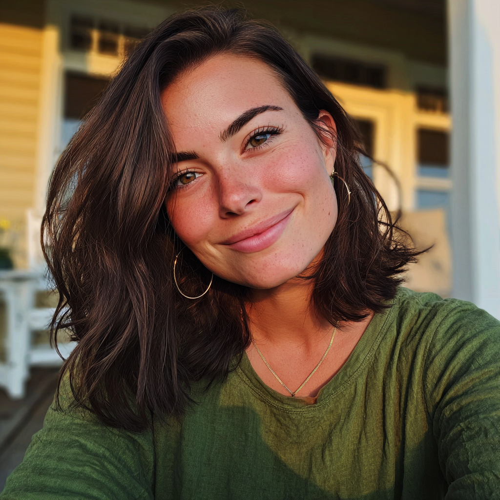 A smiling woman sitting on a porch | Source: Midjourney