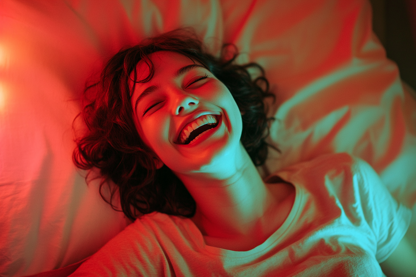 A woman laughing in a bed | Source: Midjourney