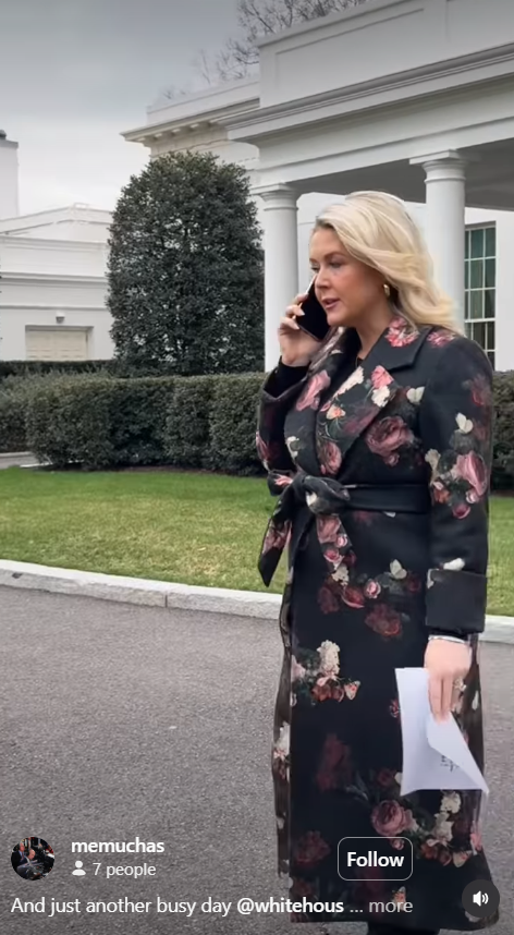 Karoline Leavitt is seen in profile, highlighting her floral coat and focused expression during a busy work moment | Source: Instagram/memuchas