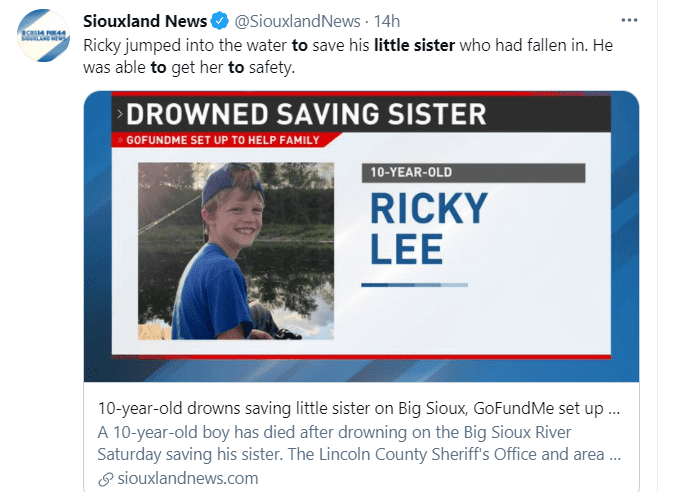 An image of Ricky Lee Sneve who drowned while trying to save his sister on June 12, 2021 | Photo: Twitter/@SiouxlandNews