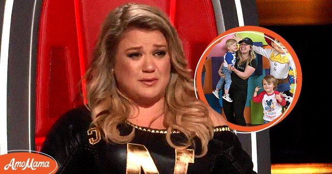 Kelly Clarkson crying while on "The Voice" in a Twitter post by "The Voice" on March 14, 2018, and her with her children, Remington and River Blackstock at the launch of Pixar Fest at the Disneyland Resort in Anaheim, California on April 12, 2018 | Photos: Twitter/The Voice & Christian Thompson/Disneyland Resort/Getty Images