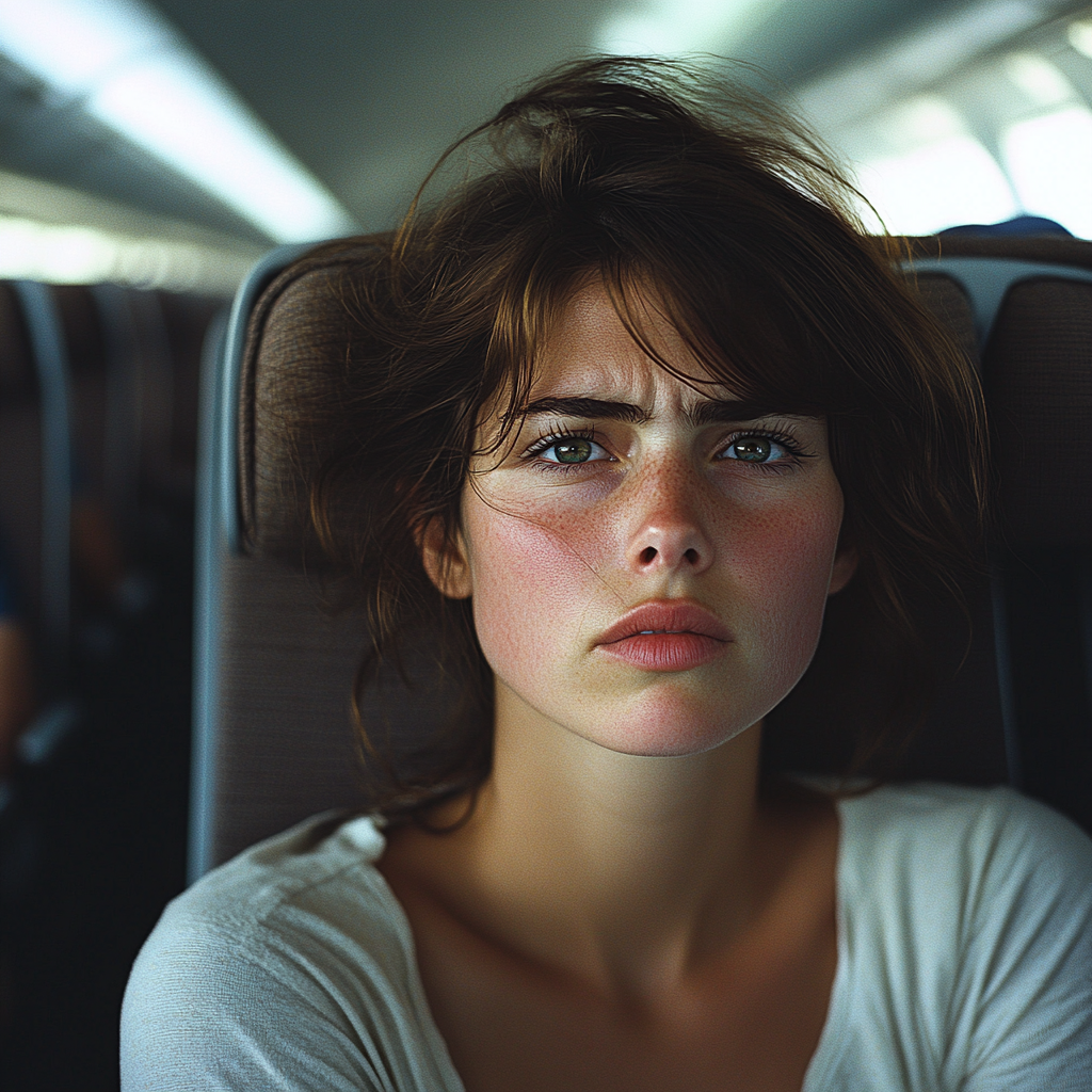 An upset woman sitting in her seat | Source: Midjourney