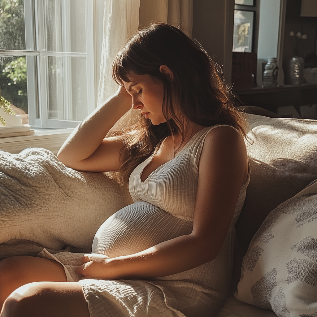 A woman sitting on a couch and holding her belly | Source: Midjourney