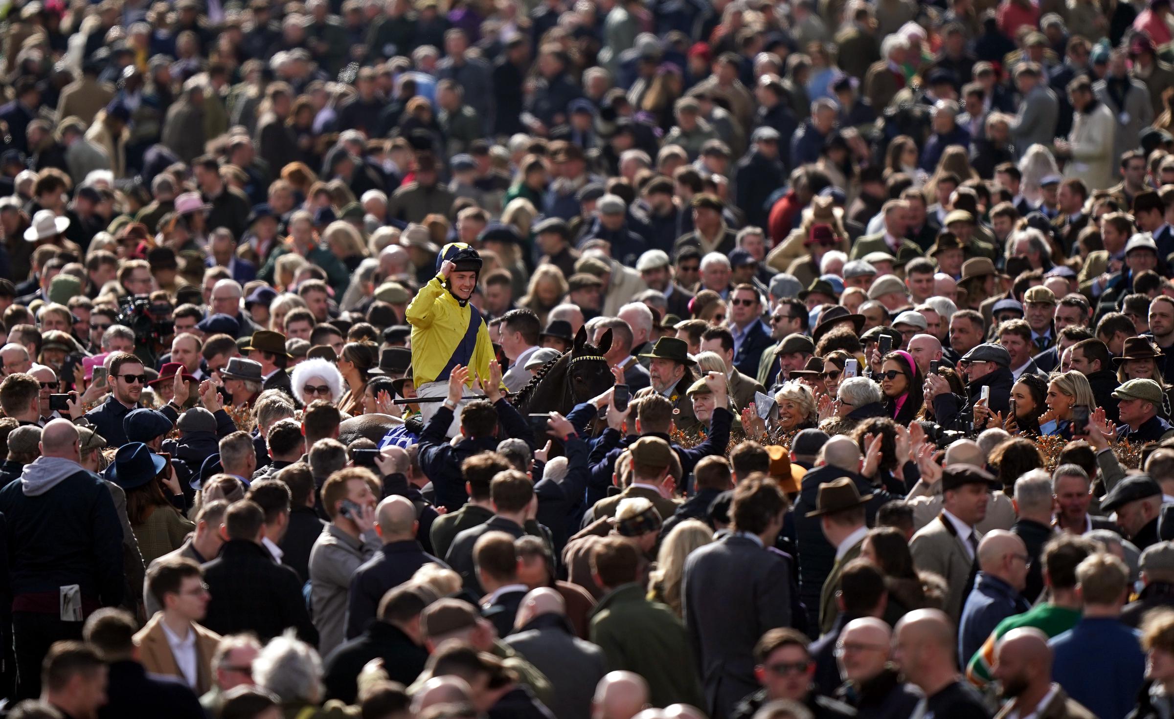 Marine Nationale and Michael O'Sullivan make their way back in through the crowds after winning the Sky Bet Supreme Novices' Hurdle on day one of the Cheltenham Festival at Cheltenham Racecourse, on March 14, 2023 | Source: Getty Images