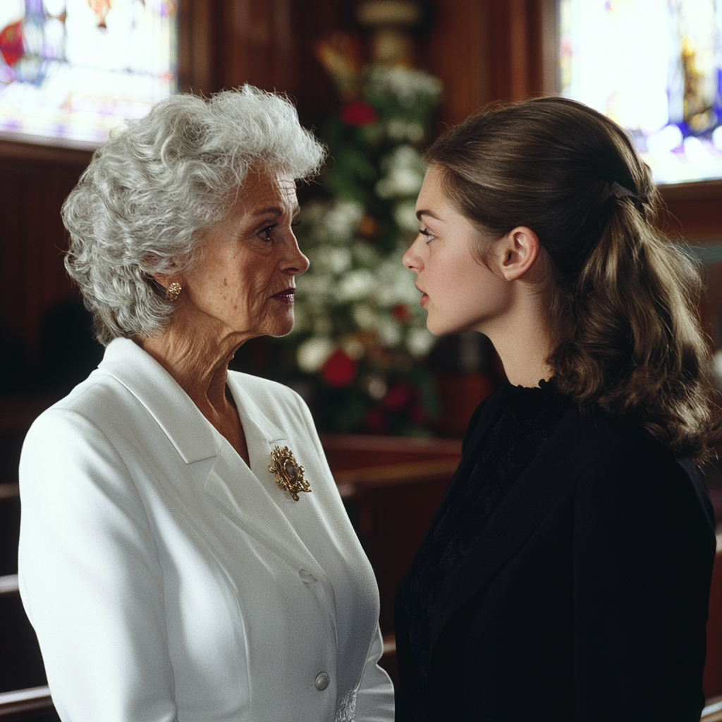 Senior woman and young lady talking at a funeral | Source: Midjourney