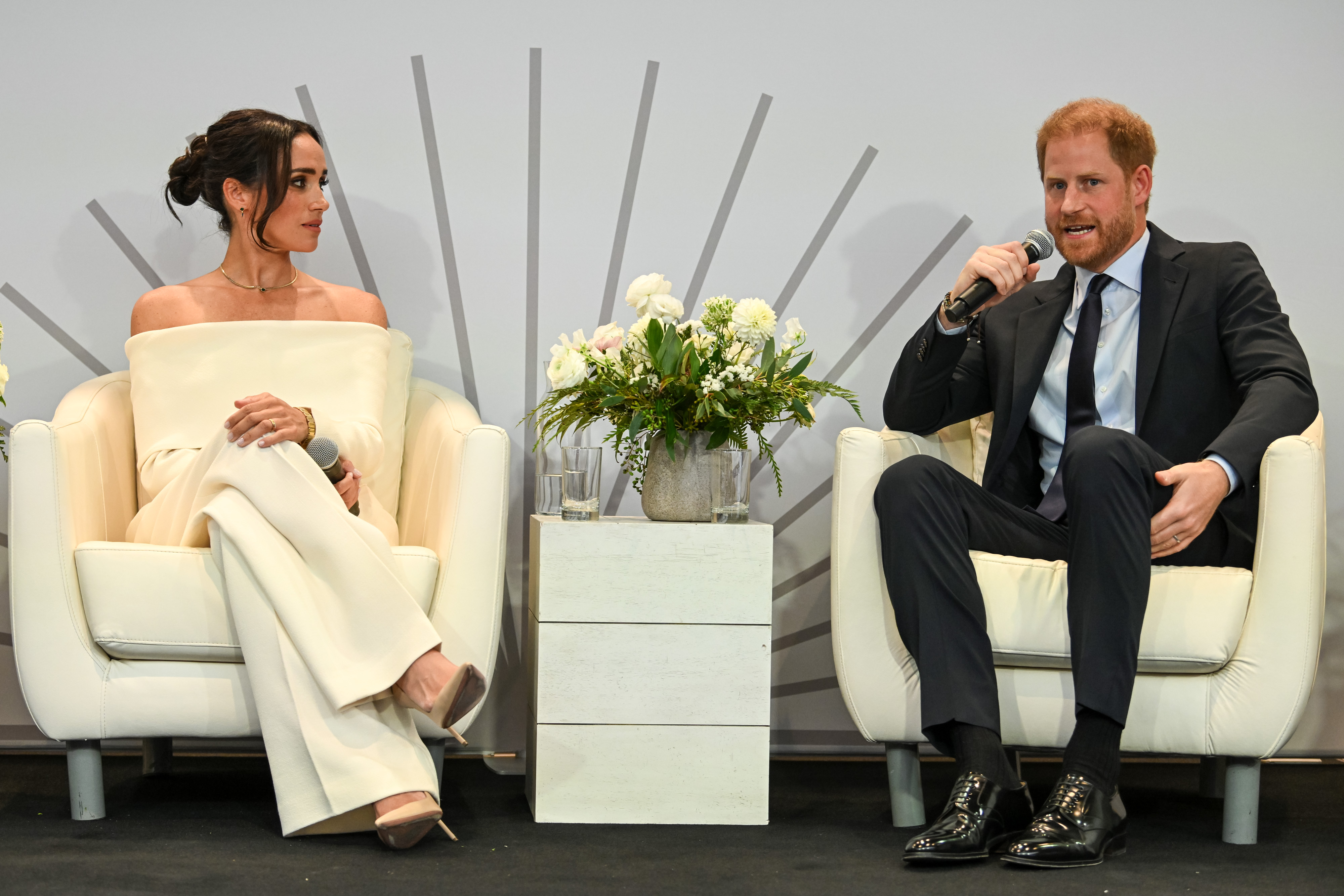 Meghan Markle and Prince Harry onstage at The Archewell Foundation Parents’ Summit: Mental Wellness in the Digital Age during Project Healthy Minds' World Mental Health Day Festival 2023 at Hudson Yards on October 10, 2023 in New York City | Source: Getty Images