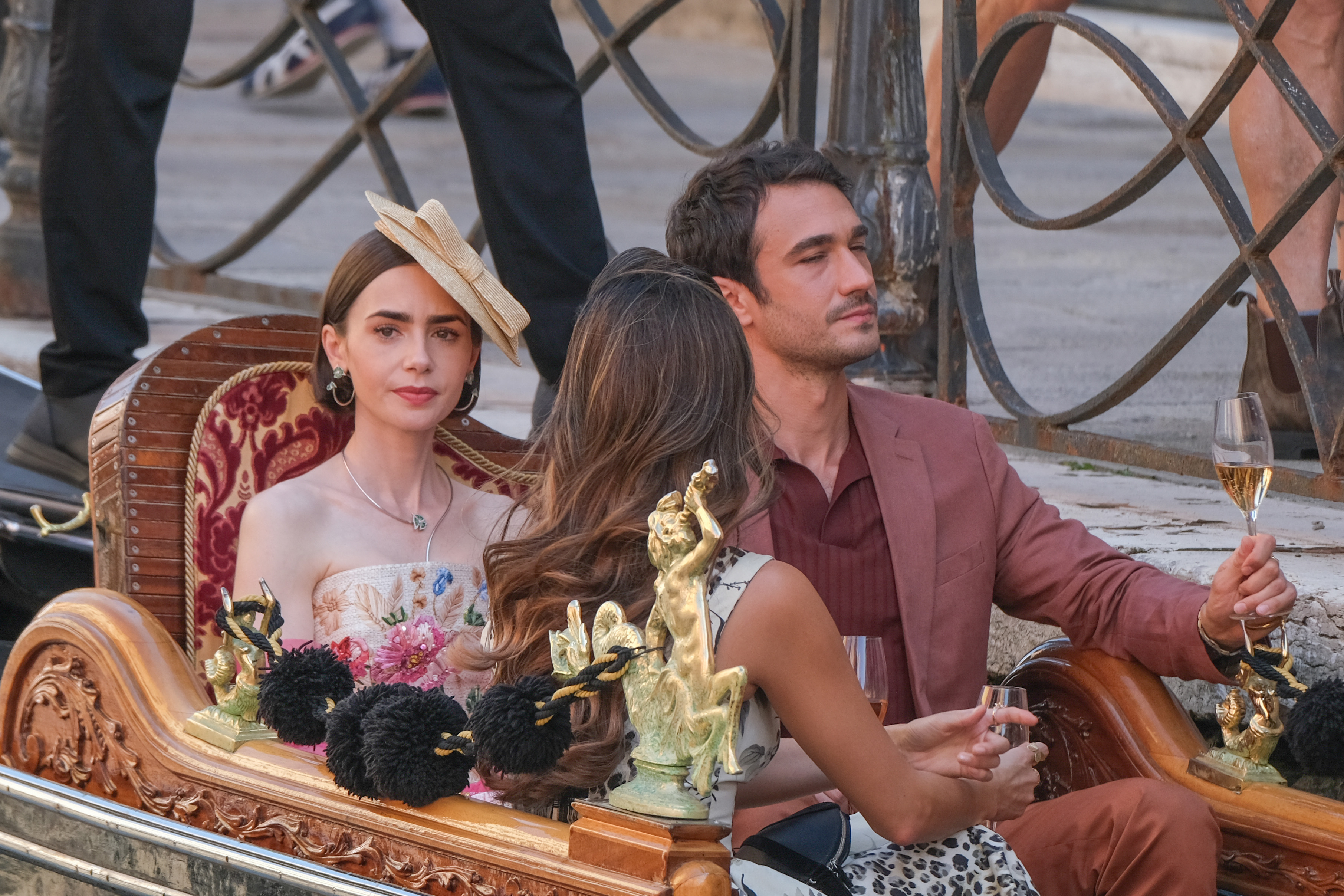 Lily Collins and Eugenio Franceschini is seen filming on the set of "Emily In Paris" on August 23, 2025 in Venice, Italy. | Source: Getty Images