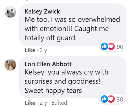 Kelsey Zwick commenting on her own Facebook post along with another individual. | Source: facebook.com/kraezwick