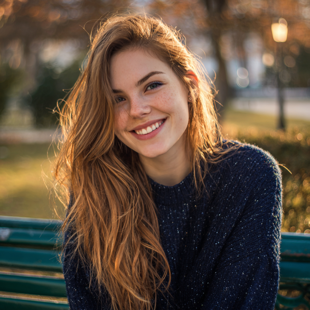 A smiling woman sitting on a park bench | Source: Midjourney