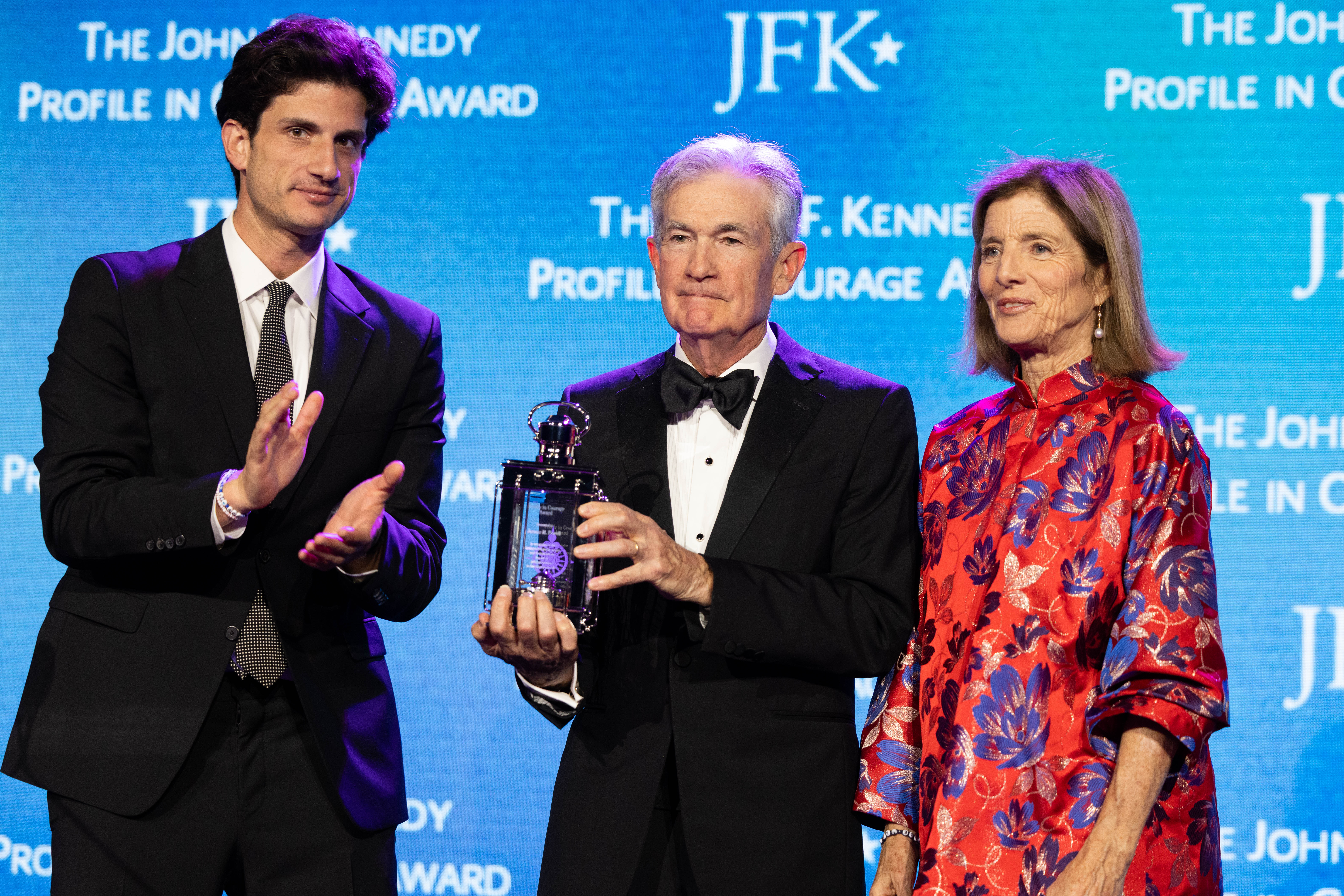 Caroline Kennedy and Jack Schlossberg maintained a steady and serious demeanor despite the happy occasion as they posed next to award recipient Jerome Powell at the John F. Kennedy Profile in Courage Award ceremony at the John F. Kennedy Presidential Library and Museum on May 31, 2026, in Boston, Massachusetts. | Source: Getty Images