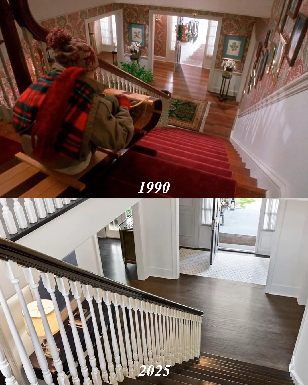 A nostalgic angle from the top of the stairs brings fans right back to Kevin’s chaotic sprint — but in 2025, the warm carpets and wallpaper have vanished, replaced by dark wood floors and crisp white railings. | Source: Instagram/kjp