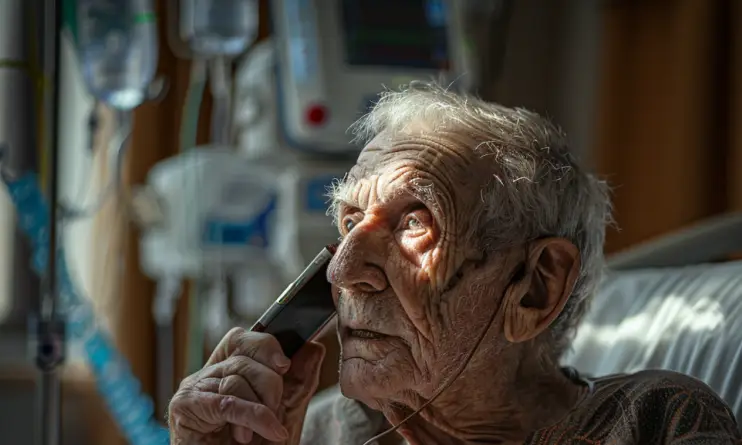 An old man in a hospital bed talking on a cell phone | Source: Midjourney