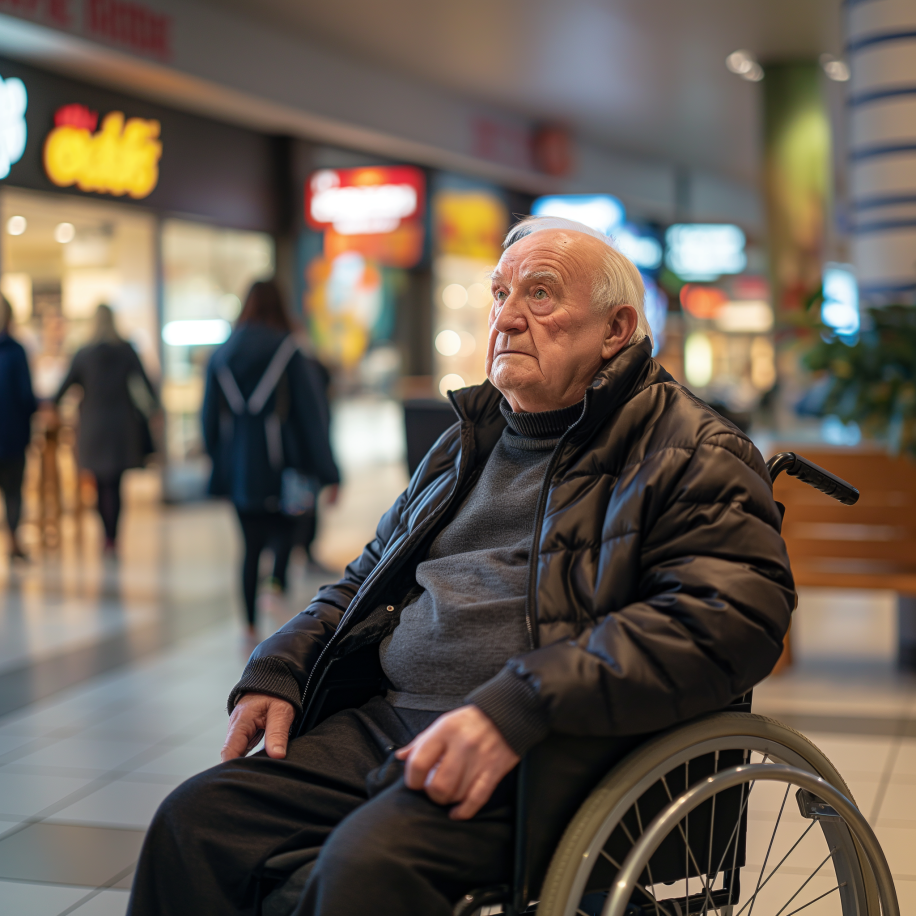 An elderly man in a wheelchair in a shopping mall | Source: Midjourney