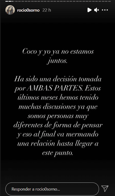 Mensaje de Rocío Osorno anunciando su separación. | Foto: Captura de Instagram/rocio0sorno.
