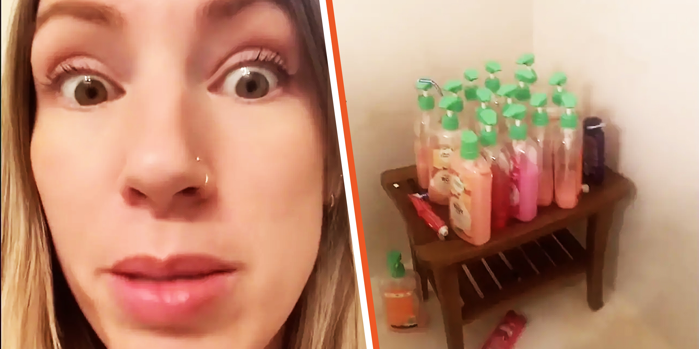 Une femme horrifiée après avoir trouvé 17 bouteilles de savon dans une salle de bains. | Source : tiktok.com/missmcnallyyy