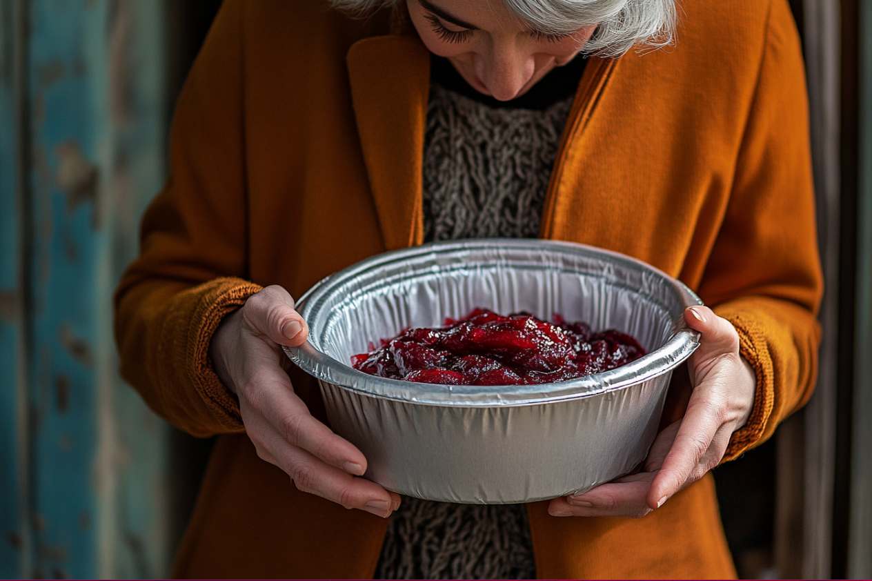 A woman carrying cranberry sauce | Source: Midjourney